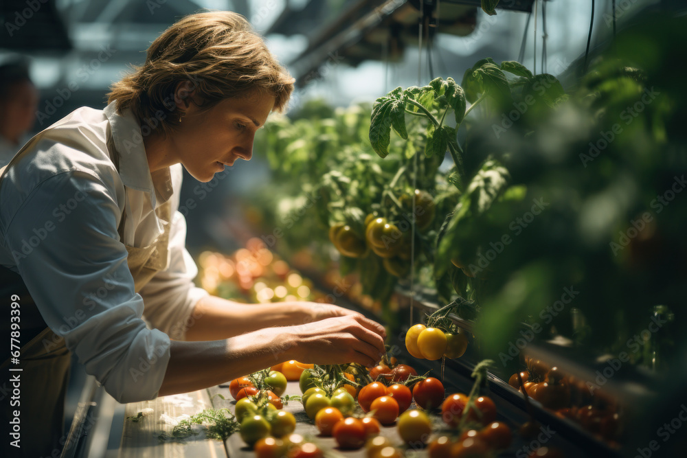 A farmer meticulously tending to young tomato plants in a controlled greenhouse environment, emphasizing precision agriculture. Generative Ai.