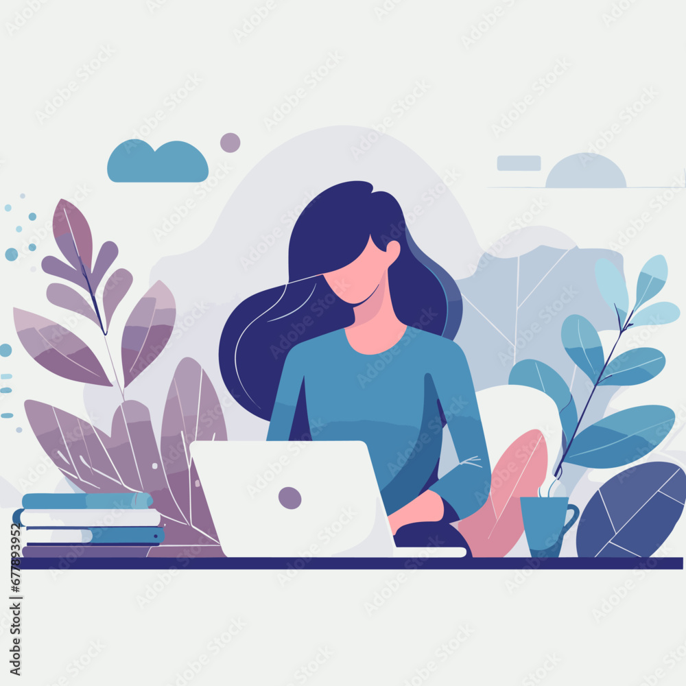 Vector of a girl working on laptop, office-Ai generator Vector of a girl working on laptop, office-Ai generator