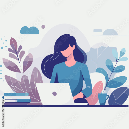 Vector of a girl working on laptop, office-Ai generator	