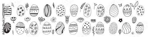 Easter eggs with botanical elements set doodle style. Happy easter hand drawn isolated on white background. Spring holiday. Happy Easter. Vector Illustration.