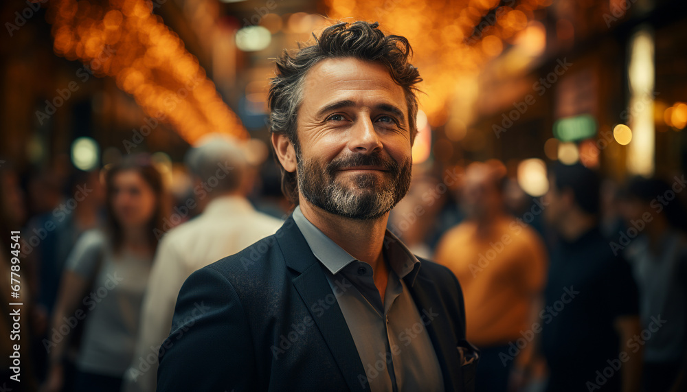 Smiling businessman in suit, confident, looking at camera, outdoors generated by AI Smiling businessman in suit, confident, looking at camera, outdoors generated by AI