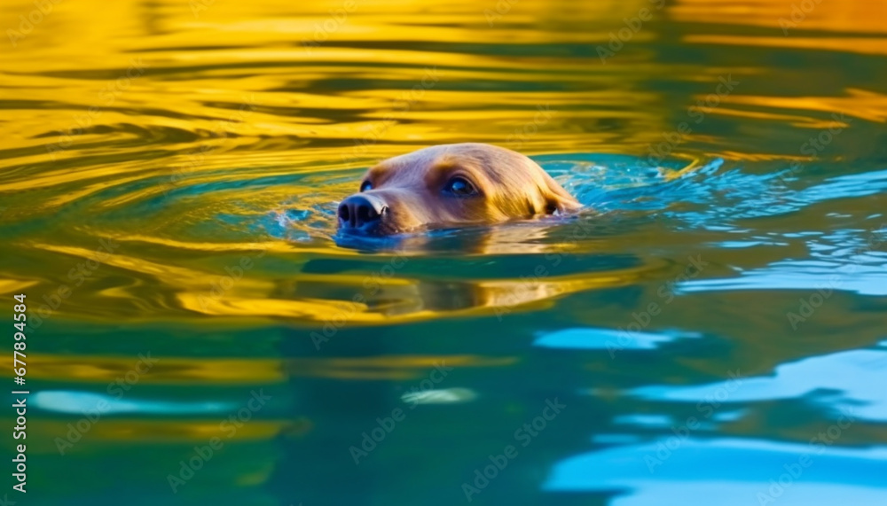 Golden retriever puppy playing in the sun by the pond generated by AI