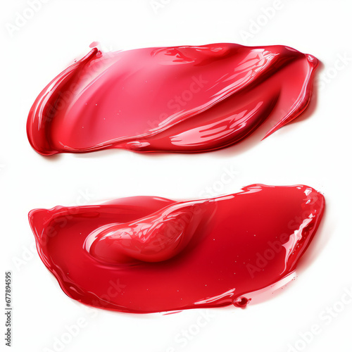 Red makeup smears on white background. Brushstroke acrylic smear
