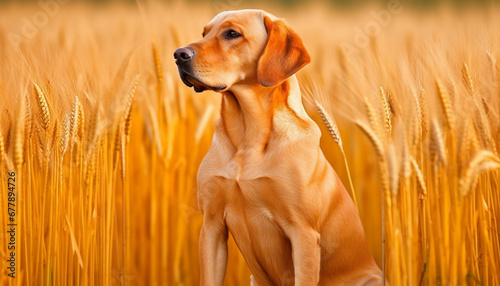 Golden retriever sitting in wheat field, looking cute and playful generated by AI