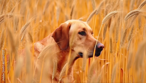Golden retriever puppy sitting in wheat field, enjoying nature beauty generated by AI
