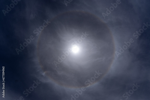 Obraz na plátně A 22° halo is an atmospheric optical phenomenon that consists of a halo with an apparent radius around the Sun or Moon