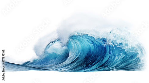 Large stormy sea wave in deep blue, isolated on white. Nature of the climate. in front