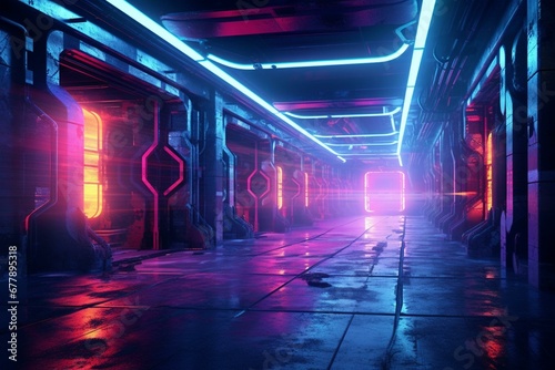 Glowing futuristic tunnel with neon lights, lasers, and a cement floor in a grungy garage-like room. Generative AI