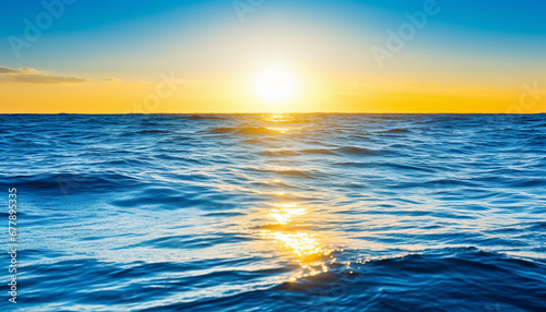 Vibrant sunset over tranquil water, a heavenly summer seascape generated by AI