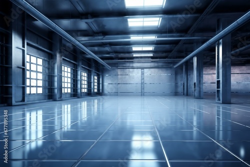 Empty digital screen in industrial hall with glossy floor. Generative AI © Hezekiah