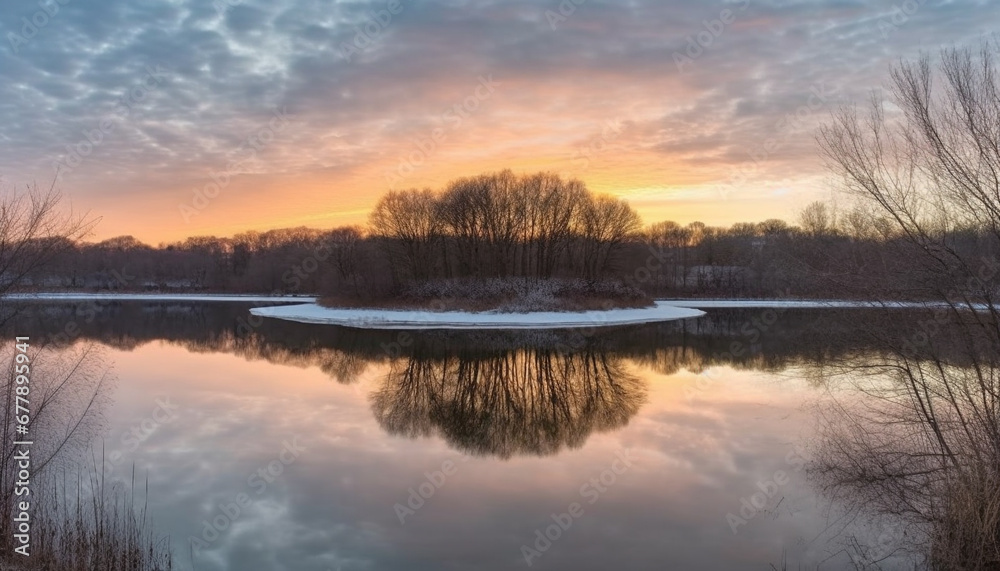 Tranquil winter landscape, reflecting sunset on frozen pond Beauty in nature generated by AI
