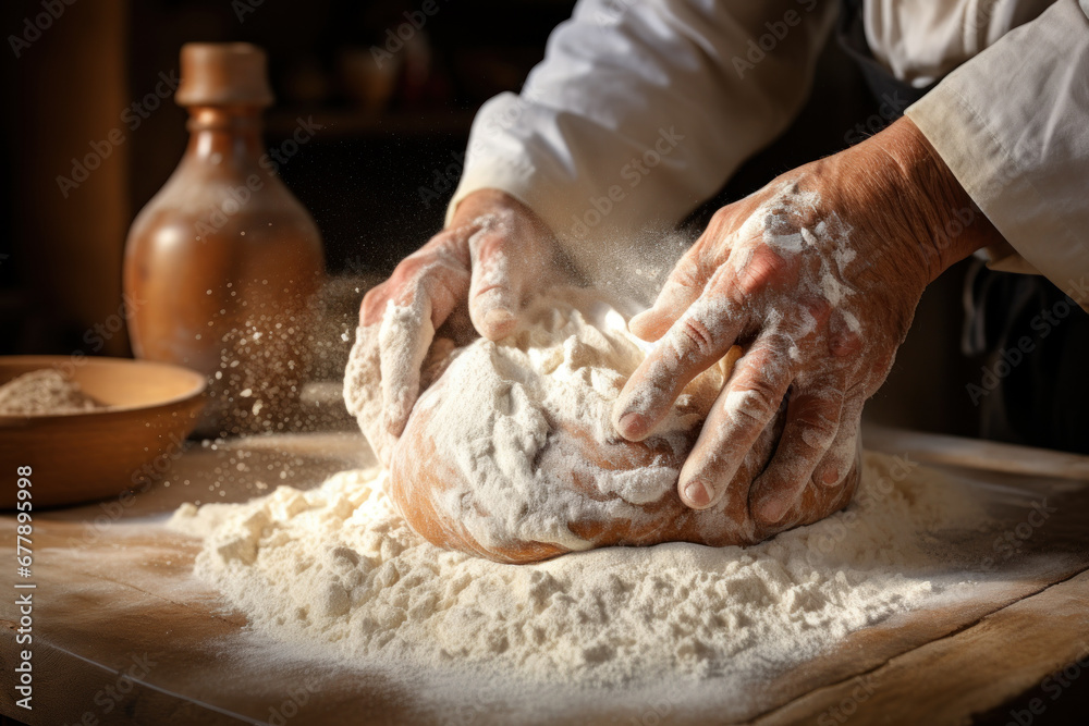 A baker's hands pouring flour from a sack into a mixing bowl, illustrating the process of artisanal bread-making. Generative Ai.