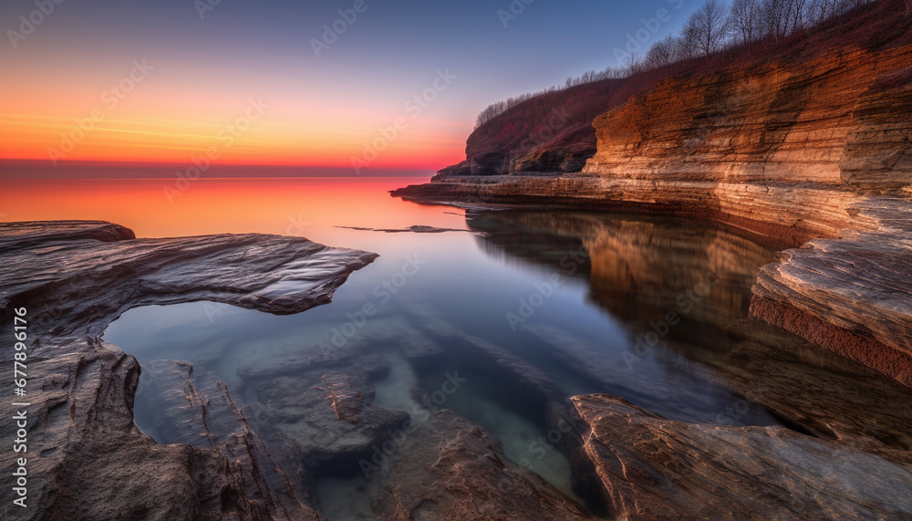 Tranquil seascape at dusk, reflecting the majestic cliff natural beauty generated by AI