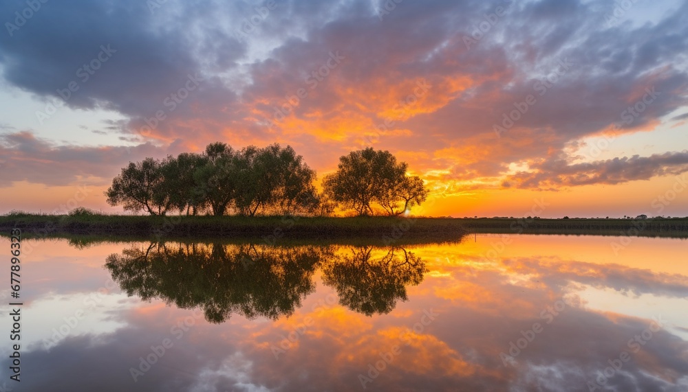 Vibrant sunset reflects on tranquil pond, nature beauty showcased generated by AI