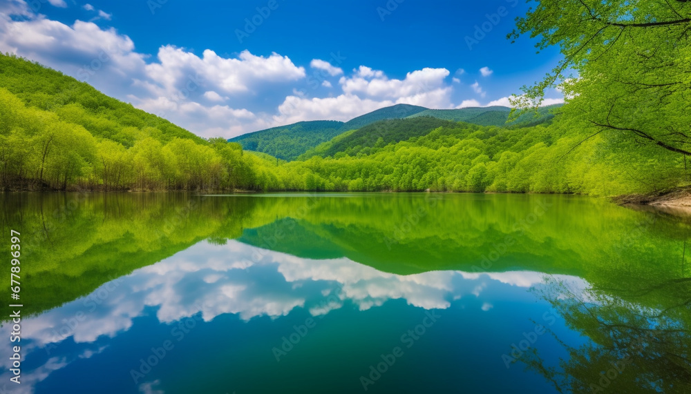 Vibrant green forest reflects on tranquil mountain pond in summer generated by AI