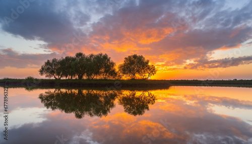 Vibrant sunset reflects on tranquil pond, nature beauty showcased generated by AI © Jeronimo Ramos