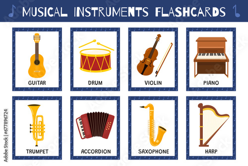 Musical instruments flashcards collection. Flash cards collection for school and preschool. Learning music instruments for kids. Vector illustration