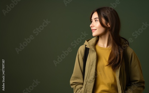 Female student with a backpack slung over one shoulder exuding casual confidence against a bold studio background