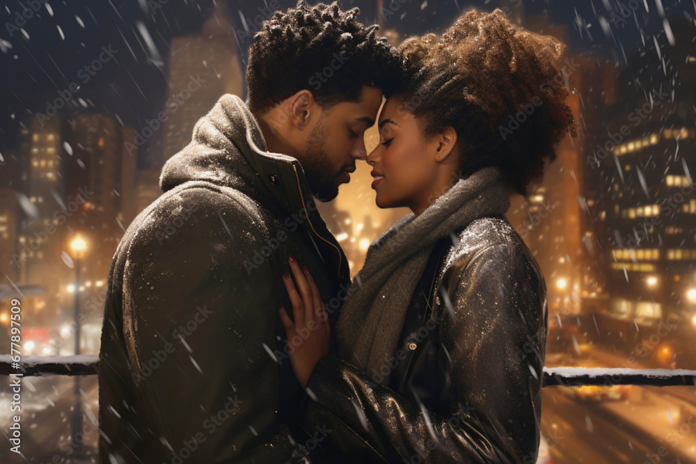 a portrait showing a romantic kiss of a young African-American couple against the background of a night city during a snowfall, the embodiment of love and tenderness,