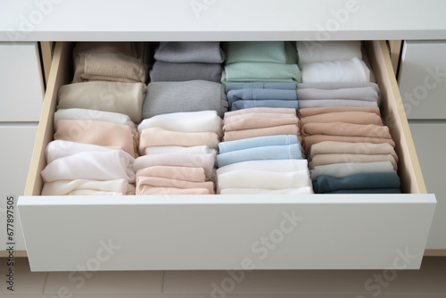 drawer drawer with things arranged in an organized and neat manner, the concept of reducing excessive consumption,conscious shopping,waste reduction