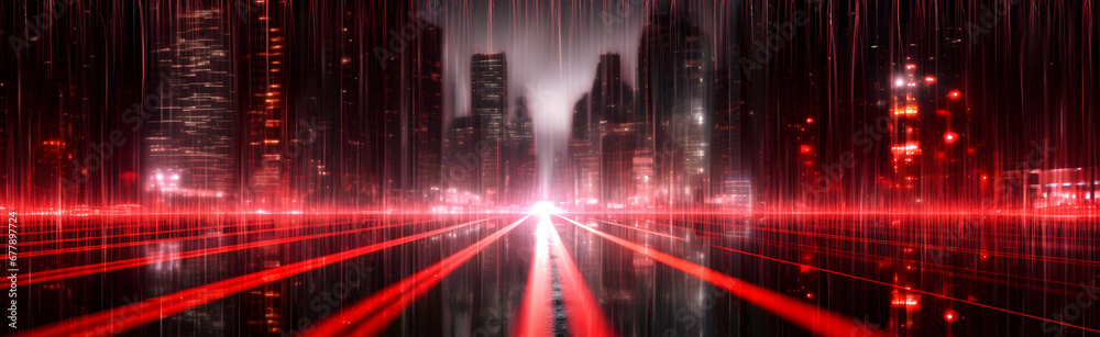 Red Glowing Streets in a rainy metropolis, traffic light surrounded by Skyscrapers, neon lights reflections on wet concrete floor