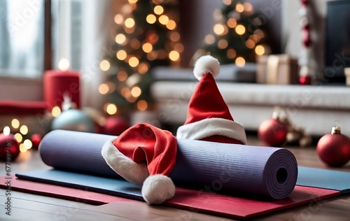Close up of yoga mat at home with Santa Clause hat with home decorated for Christmas, New Year. Healthy lifestyle, weight loss, New Year's resolution created with generative ai