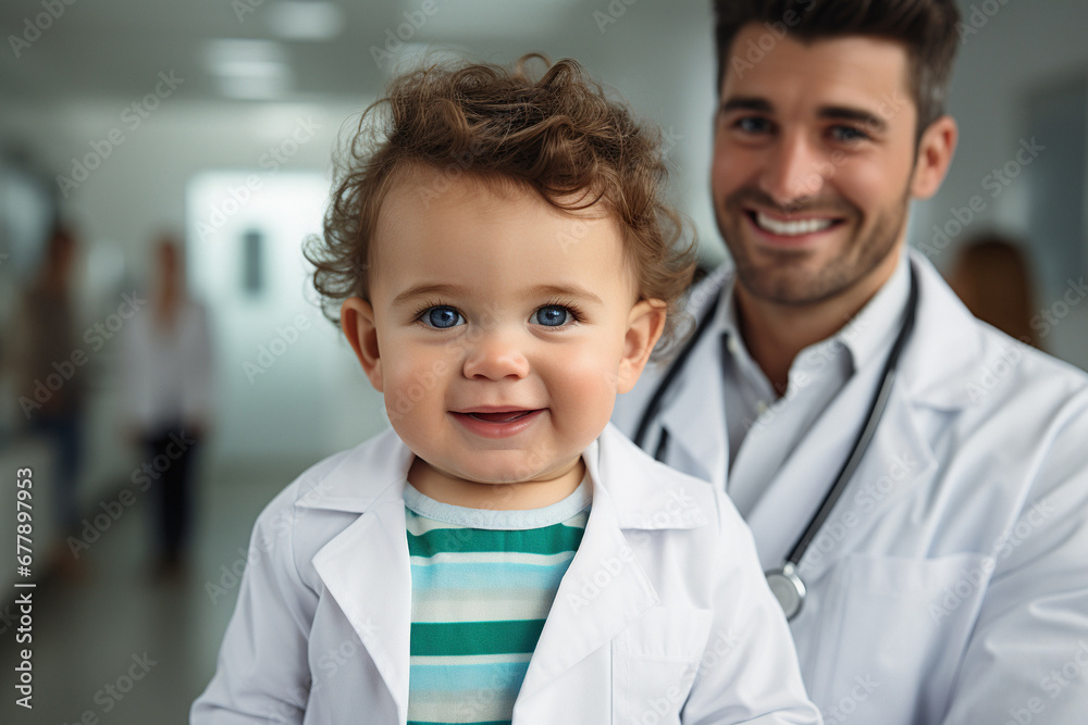 A close up man doctor in white coat, holding happy child in hospital A close up man doctor in white coat, holding happy child in hospital