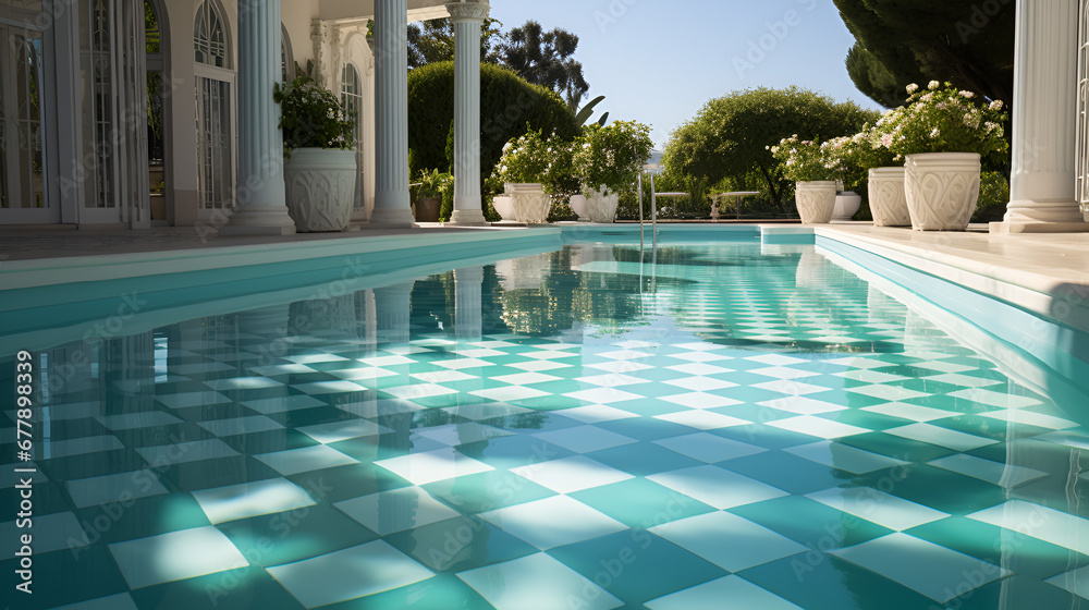 A luxurious mansion's meticulously clean shallow pool with a checkered floor
