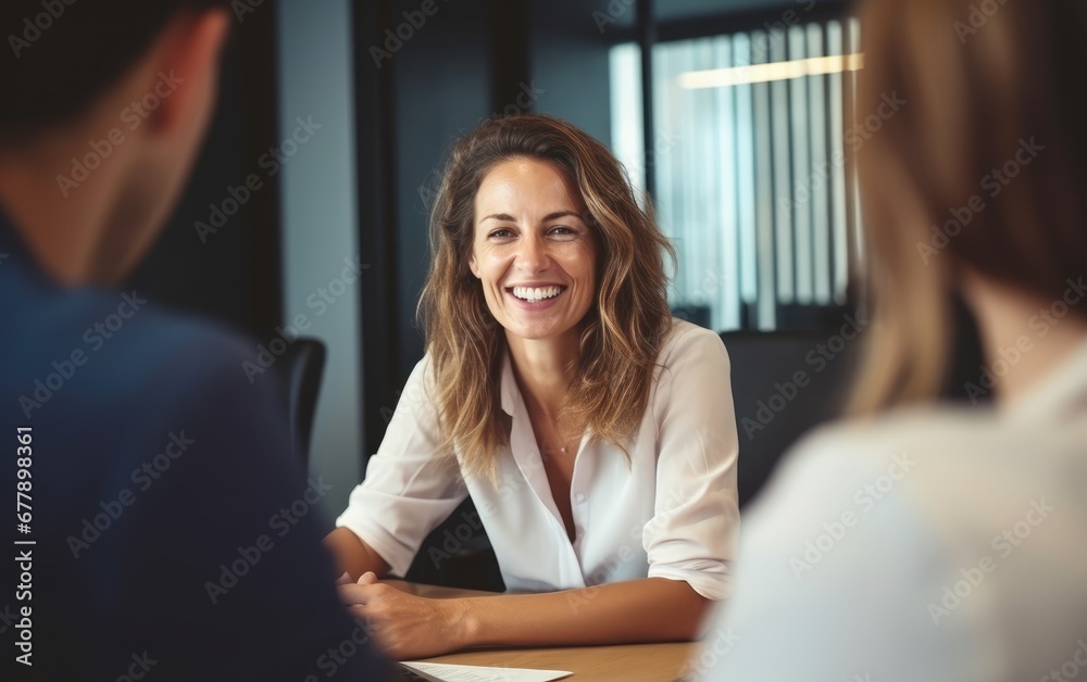 Obraz premium Woman consulting a client, managing professional teamwork, communicating in office boardroom