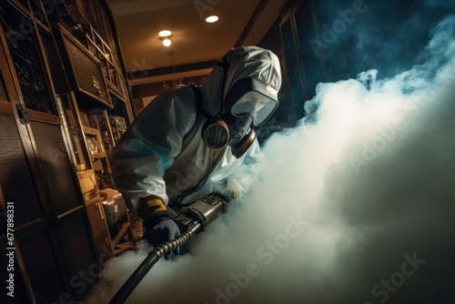 Work man holding safety smoke industry control spray toxic equipment chemical protect photo