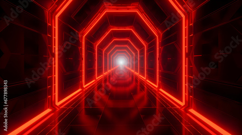 A Octagon red light tail tunnel, modern futuristic space design with glowing red neon lights, abstract pattern wallpaper background