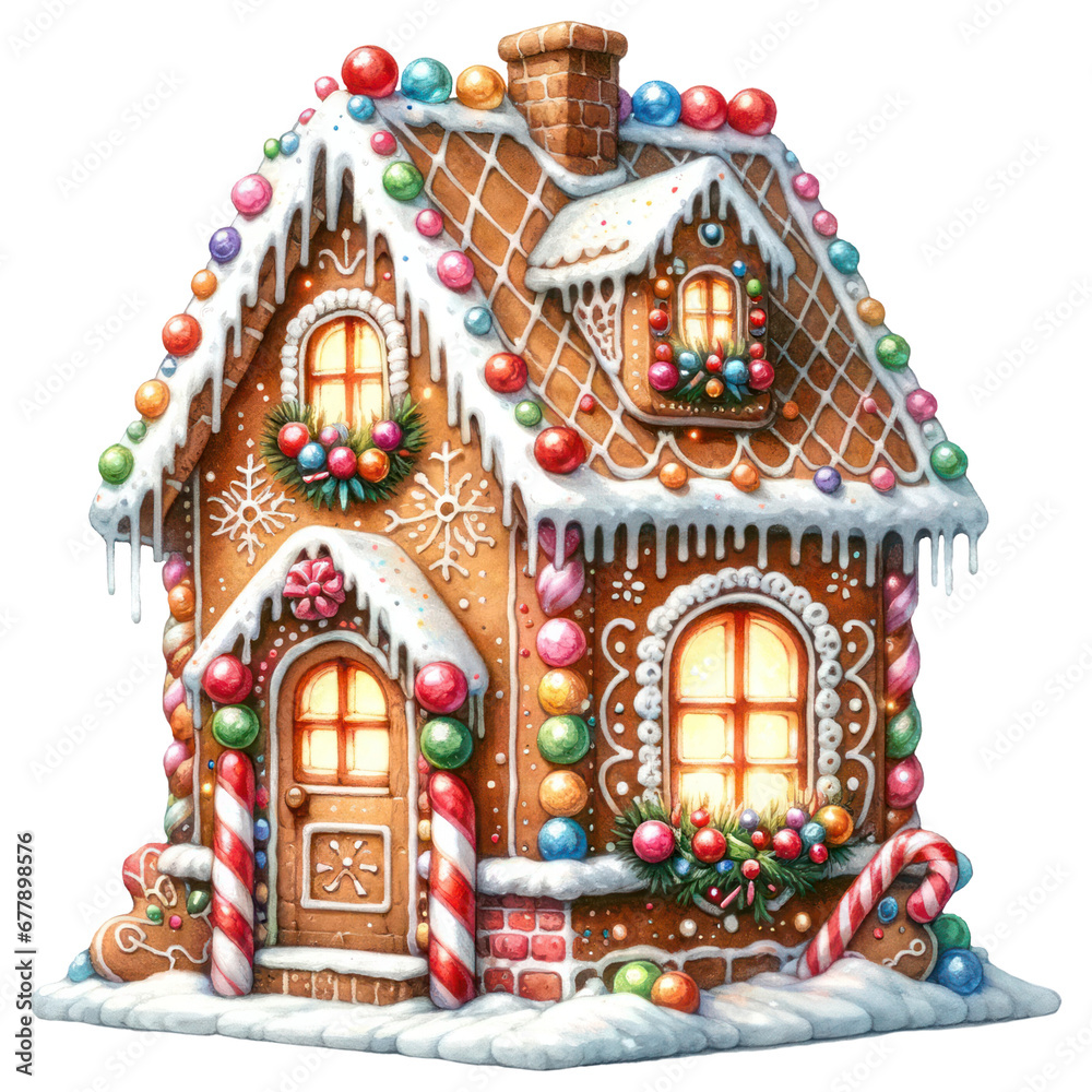 Fototapeta premium Christmas Gingerbread House Cookie with Colorful Decor, Watercolor, Festive Decoration Isolated on Transparent Background. Generative AI