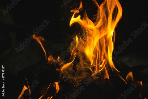 Closeup of a beautiful campfire outdoors at night with a blurry background © Wirestock