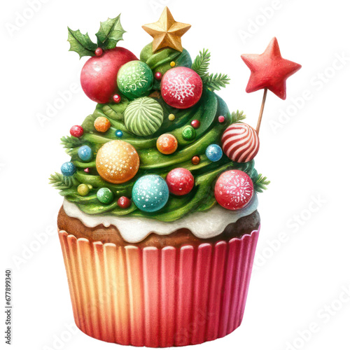 Christmas Cupcake with Holly Berry, Star and Funfetti Sprinkles Icing, Sweet Dessert, Watercolor, Festive Decoration Isolated on Transparent Background. Generative AI