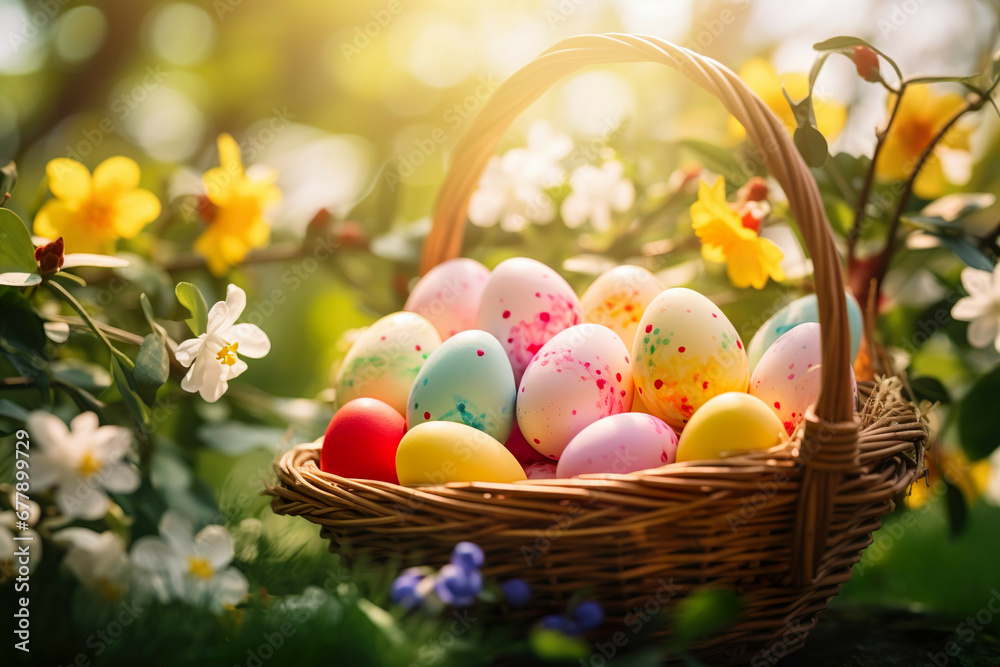 Colorful Easter Eggs Nestled in Wicker Basket Amidst Spring Blooms in Sunlit Garden