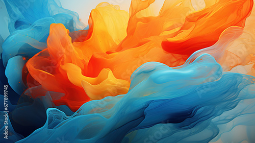 Spectacular image of blue and orange liquid ink churning together, with a realistic texture and great quality. Digital art 3D illustration
