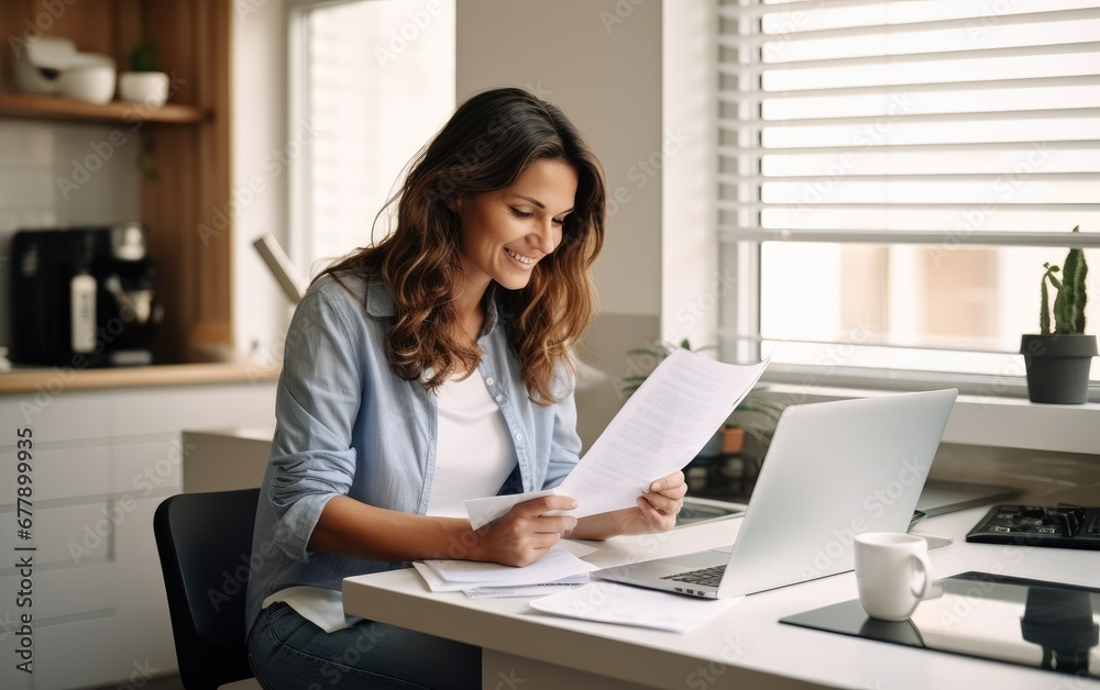 Smiling businesswoman reading financial document and using laptop on desk while working from home Smiling businesswoman reading financial document and using laptop on desk while working from home