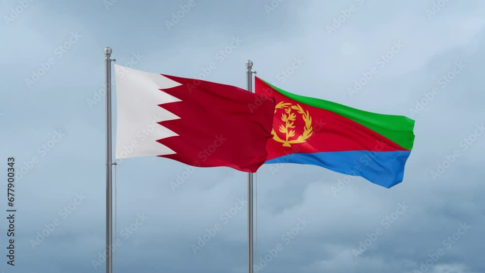 Eritrea and Bahrain flag waving together on cloudy sky, endless seamless loop, two country cooperation concept Eritrea and Bahrain flag waving together on cloudy sky, endless seamless loop, two country cooperation concept