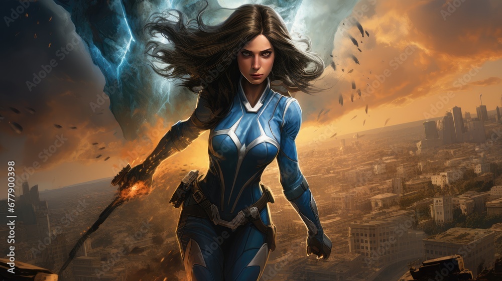 Obraz premium Character game. A heroine with the colors of the Israeli flag. White and blue uniform.