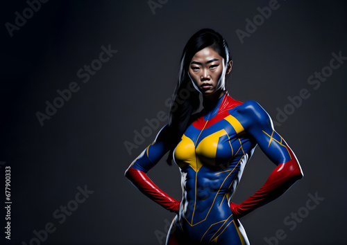Asian woman in superhero costume. Young beautiful asiatic girl in superheroine suit
