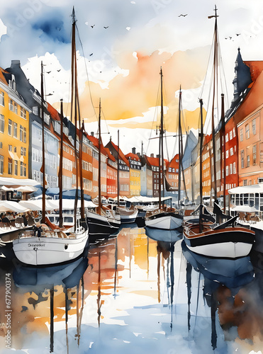 Watercolor art of Copenhagen Denmark