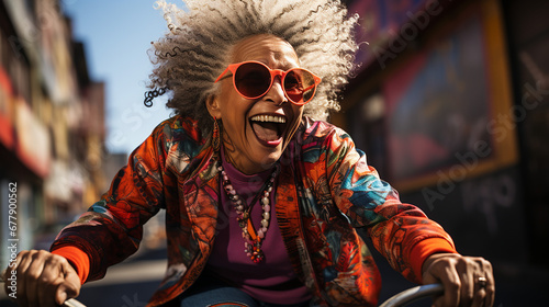 Porträt einer glücklichen afroamerikanischen Frau beim Fahrradfahren in der Stadt.