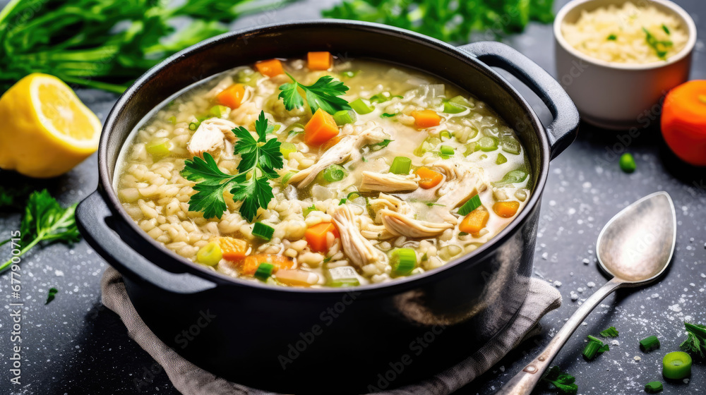 Chicken And Rice Soup With Vegetables, Background For Banner, HD