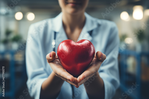 Smiling female cardiologist holding a red heart and showing the object to the camera. Happy doctor expressing support for patients with cardiovascular  examination to receive  ai generative photo