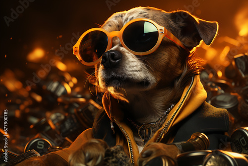 Dog wearing sunglasses, looking effortlessly cool, Generative AI.