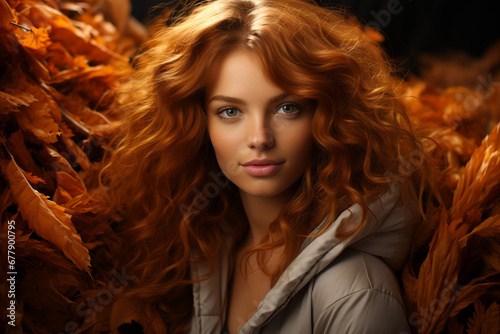 beautiful young woman in an autumn landscape with warm brown winter clothes ai generative
