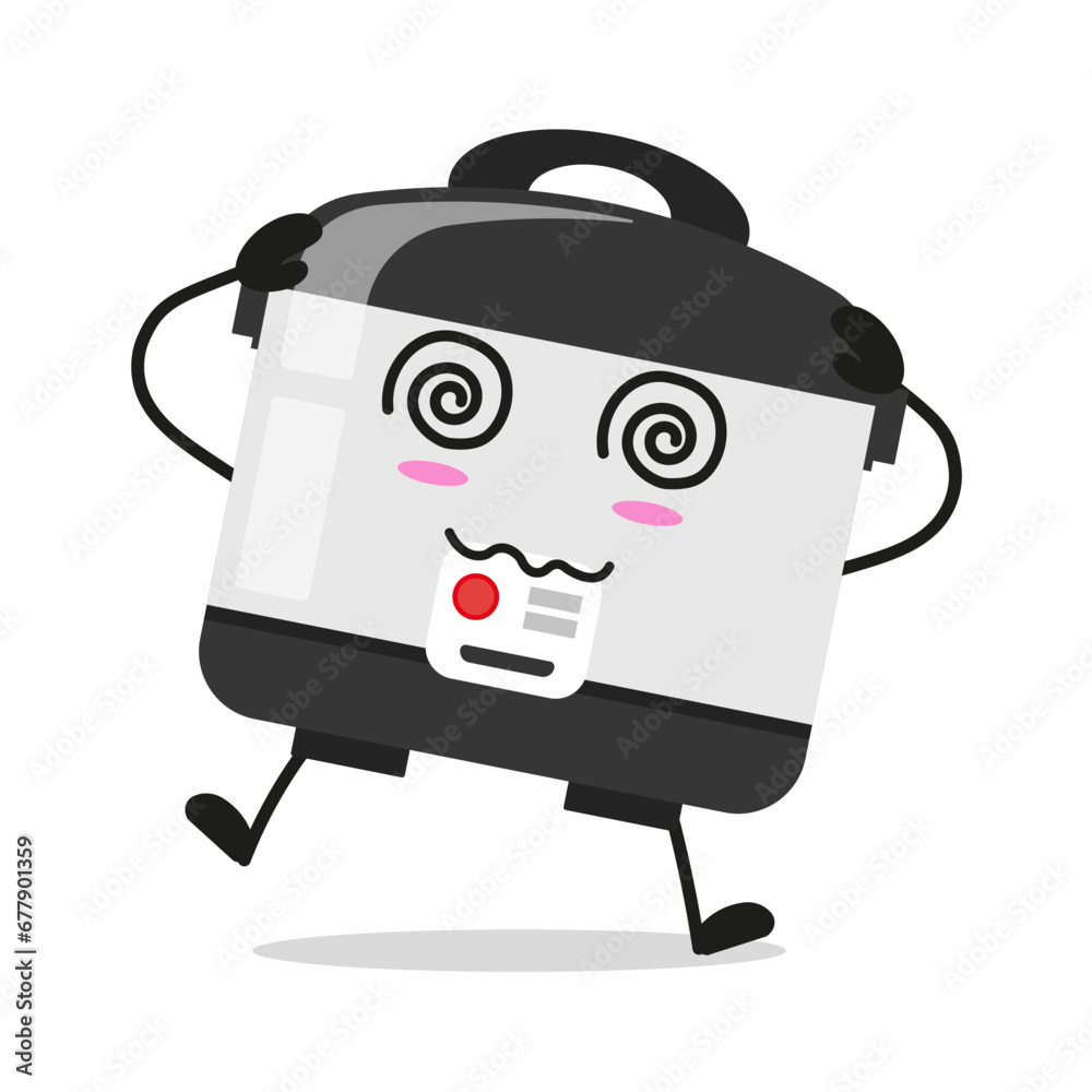 Cute dizzy rice cooker character. Funny confused home appliance cartoon emoticon in flat style. closet vector illustration Cute dizzy rice cooker character. Funny confused home appliance cartoon emoticon in flat style. closet vector illustration