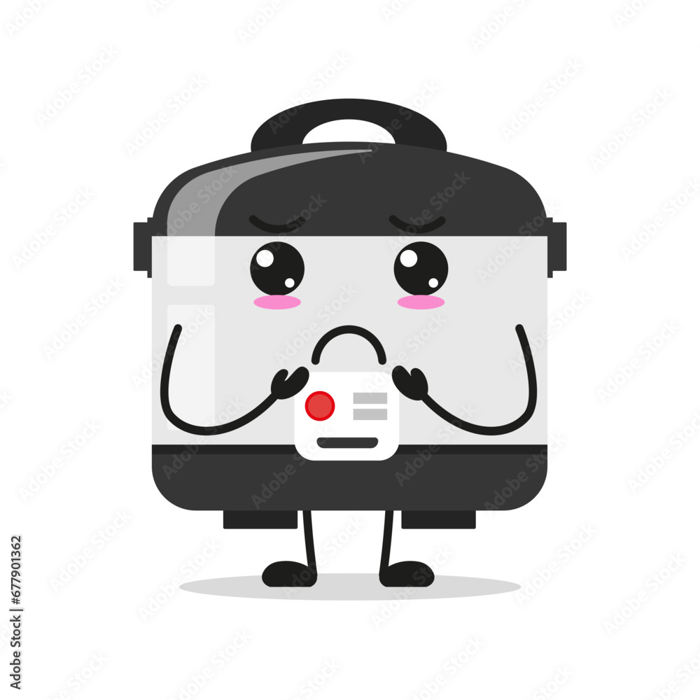 Cute gloomy rice cooker character. Funny sad home appliance cartoon emoticon in flat style. closet vector illustration Cute gloomy rice cooker character. Funny sad home appliance cartoon emoticon in flat style. closet vector illustration