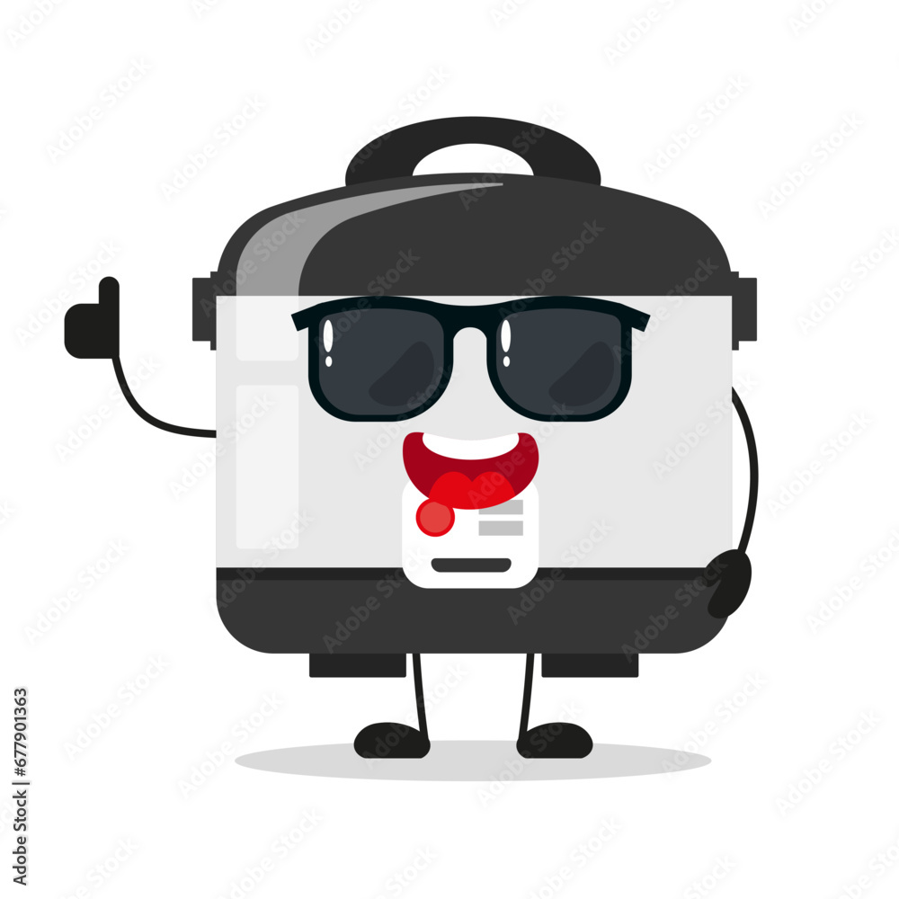 Cute happy rice cooker character wear sunglasses. Funny home appliance greet friend cartoon emoticon in flat style. closet vector illustration Cute happy rice cooker character wear sunglasses. Funny home appliance greet friend cartoon emoticon in flat style. closet vector illustration