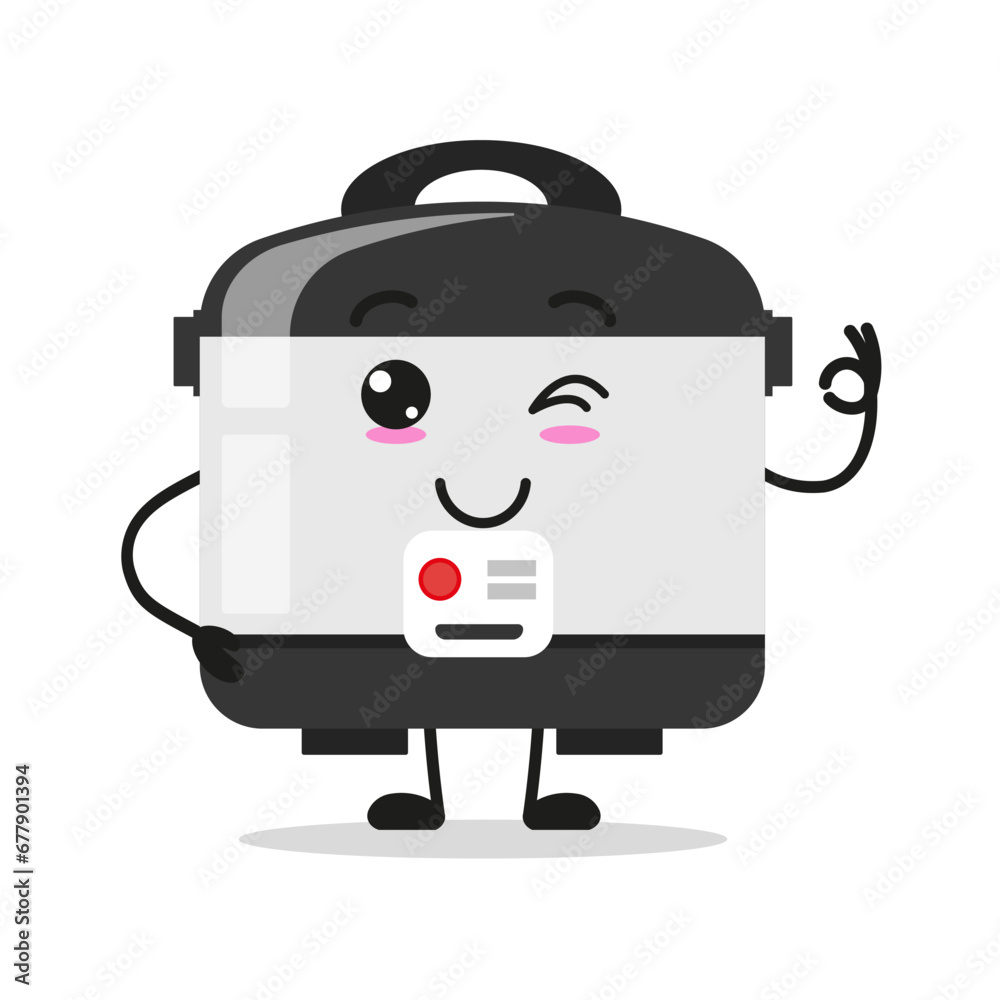 Cute happy rice cooker character. Funny smiling and wink home appliance cartoon emoticon in flat style. closet vector illustration